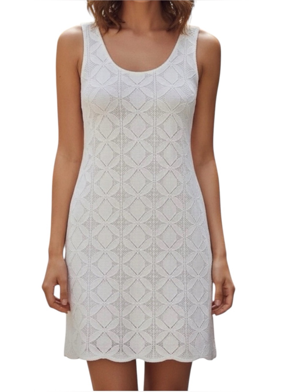 Banana Republic White Crochet Style Lined Textured Midi Sheath Dress | GUC
